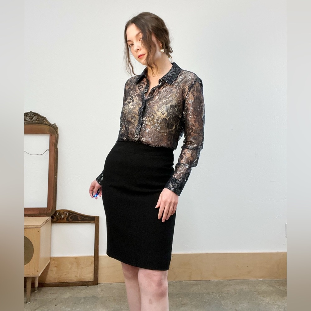 #1 Elie Tahari Lace Navy and Silver Metallic Button Up Blouse Top